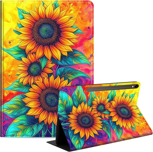 Case for Samsung Galaxy Tab S10 FE/ S9 FE 5G 10.9 Inch/Tab S9 11 Inch, Slim PU Leather Stand Cover with Auto Wake/Sleep, Multi-Angle Viewing & Shockproof, Three Sunflowers