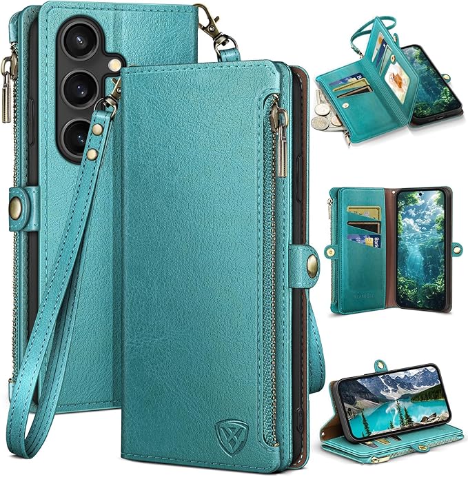 XcaseBar Compatible with Samsung Galaxy S25 Wallet case with Zipper Credit Card Holder【RFID Blocking】,Flip Folio Book PU Leather Phone case Shockproof Cover Women Men for Samsung S25 case Blue Green
