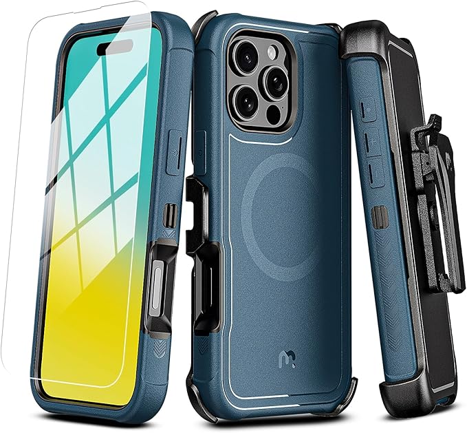 M MYBAT PRO Maverick Series for iPhone 16 Pro Max Case with Belt Clip Holster,[Compatible with Magsafe] w/Screen Protector,Anti-Drop,Shockproof,with 360°Rotating Kickstand,Heavy Duty Protection Blue