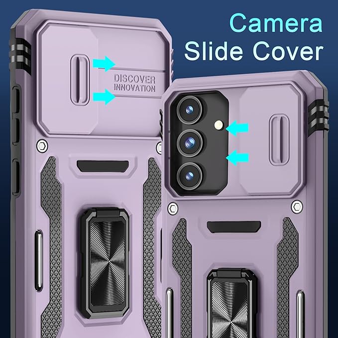 DEERLAMN Case for Samsung Galaxy S24 FE 6.7-Inch with Slide Camera Cover+Screen Protector(1 Pack), Rotated Ring Kickstand Military Grade Shockproof Protective Cover-Deep Purple