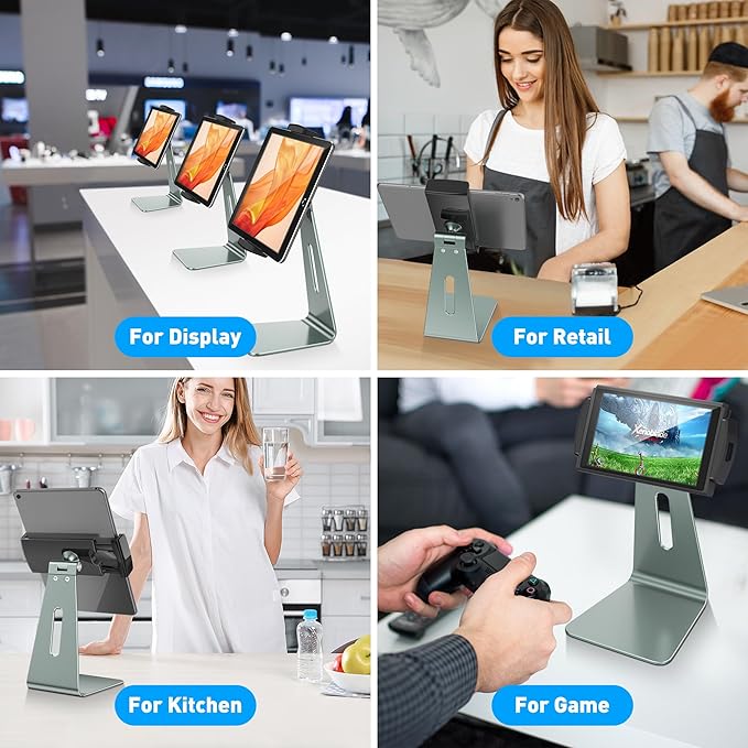 AboveTEK Elegant Tablet Stand, Aluminum Holder for 7-13 inch Tablets, Desktop Kiosk POS Stand Compatible w/iPad Pro Air Mini, Galaxy Tab, Tablet Mount for Store Office Reception Kitchen (Gray)