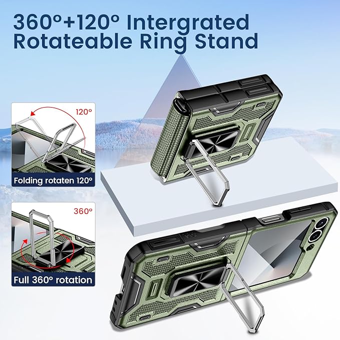 VEGO for Z Flip 6 Case with Hinge Protection, for Samsung Z Flip 6 Case with 360° Rotatable Ring Kickstand & Built-in Screen Protector & Belt Clip Holster Shockproof Cover - Dark Green