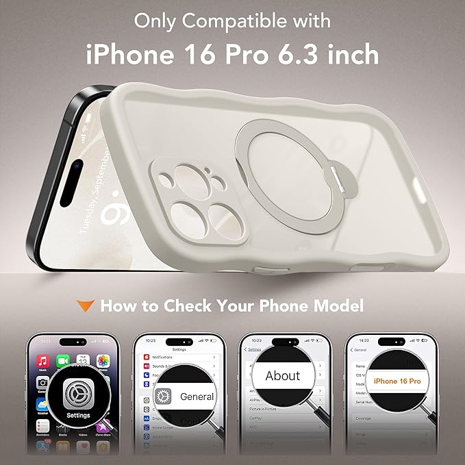 GolbinBox for iPhone 16 Pro Case for Women,[Compatible with Magsafe][360° Spin Magnetic Stand][Cute Wave Edge][Military-Grade Protection] Translucent Matte Phone Case for iPhone 16 Pro, Stone