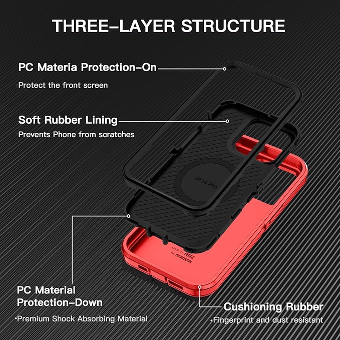 for iPhone 14 Pro Max Case [Compatible with MagSafe] Shockproof 3-Layer Full Body Protection Rugged Heavy Duty Cover Case for Apple iPhone 14 Pro Max 6.7",Red/Black