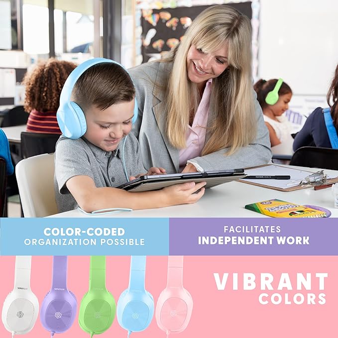 Kids Headphones for School Bulk Set 5-Pack On-Ear, 3.5mm, Wired Headphones for Schools & Libraries – Adjustable, Cushioned Wired Kids, (Mixed Colors)