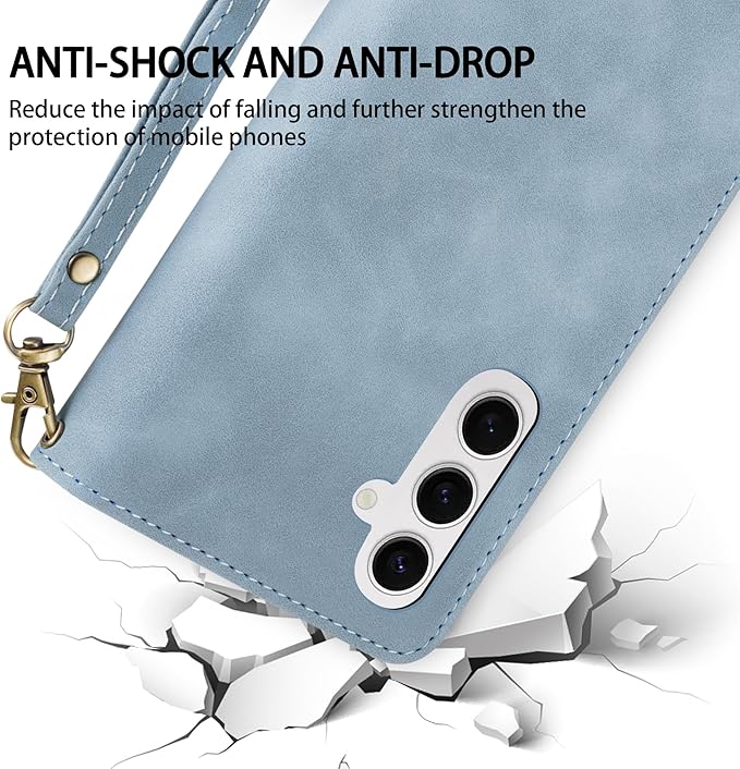 ZZXX for Samsung Galaxy S24 Plus Wallet Case with RFID Blocking Card Slot PU Leather Zipper Flip Folio with Strap Kickstand Protective Cover for Samsung Galaxy S24+ Case Wallet(Light Blue-6.7 inch)