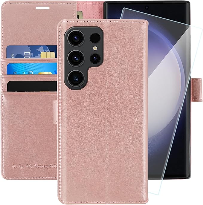 MONASAY Wallet Case Compatible for Galaxy S23 Ultra 5G,[RFID Blocking] Flip Folio Leather Cell Phone Cover with Credit Card Holder, 6.8 inch, Rosegold