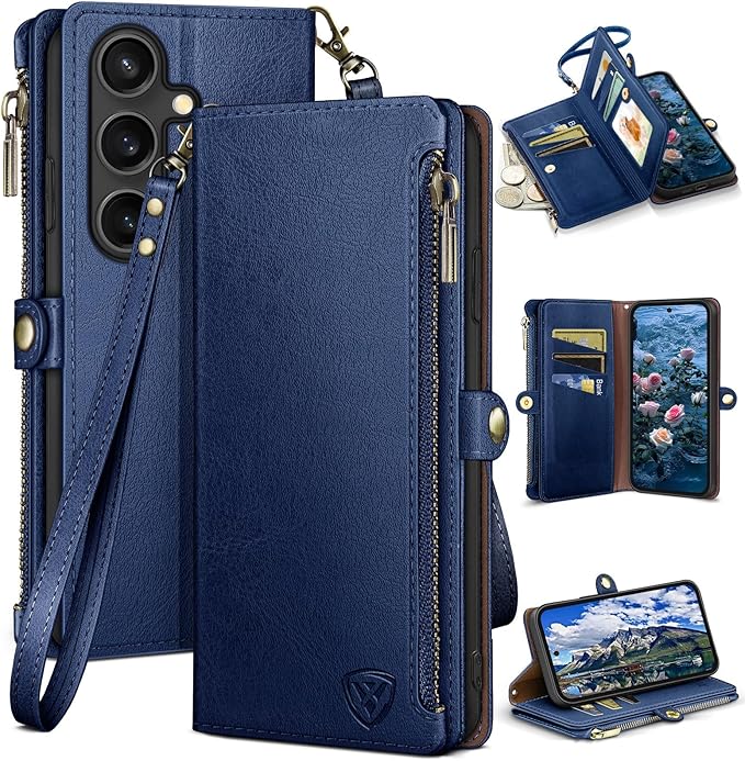 XcaseBar Compatible with Samsung Galaxy S25 Wallet case with Zipper Credit Card Holder【RFID Blocking】,Flip Folio Book PU Leather Phone case Shockproof Cover Men Women for Samsung S25 case Blue