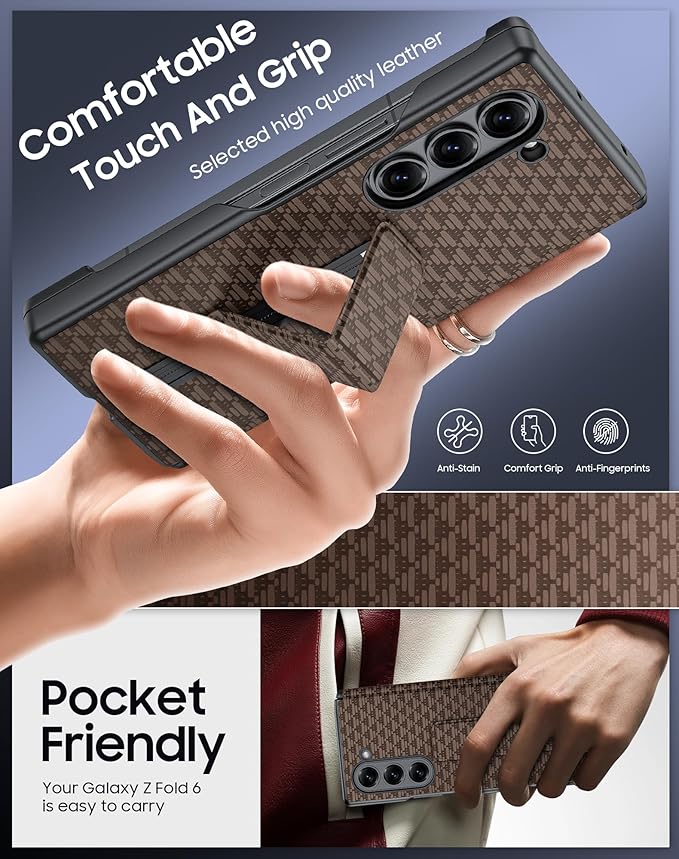 for Samsung Galaxy Z Fold 6 Case with Hand Strap & Kickstand & Hinge Protection, Ultra Slim Skin Feel Pattern Printing Full Body Shockproof Phone Case for Z Fold 6, No Screen Protector (Brown)