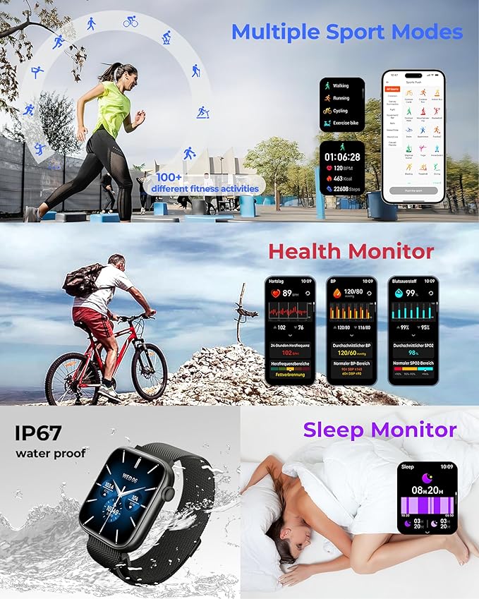 Smart Watch for Men/Women, 1.85" AMOLED Touchscreen, Make/Answer Calls, Fitness Tracker with Heart Rate, Blood Oxygen, Sport Modes, Waterproof Watches Compatible with Android & iPhone(4 Watch Bands)