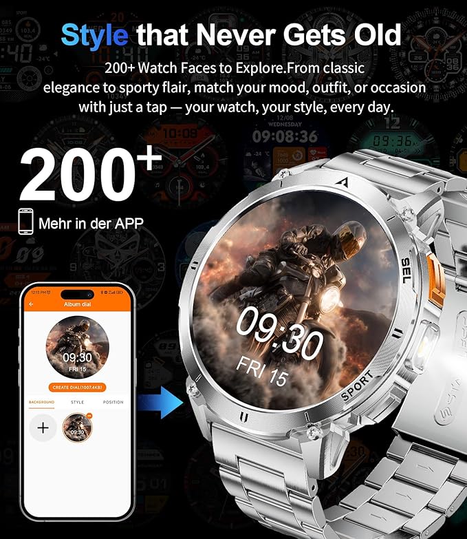 Smart Watches for Men Answer/Make Call, 1.62" AMOLED/730mAh Battery/LED Flashlight Military Smartwatch, 110+ Sports Modes IP68 Waterproof Fitness Tracker for Android iOS Silver