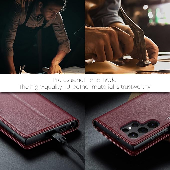 AUPAI for Samsung Galaxy S23 Ultra Wallet Case with Credit Card Holder, PU Leather RFID Blocking Folio Flip Kickstand Magnetic Clasp Protective Phone Cover for Women Men Wine Red