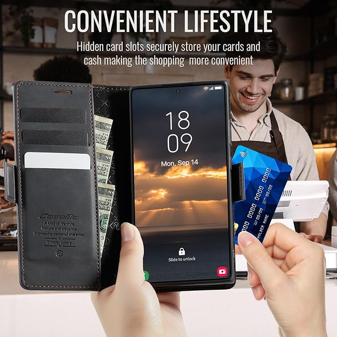 Wallet Case for Samsung Galaxy S23 Ultra Leather Wallet Flip Cover with Card Holder, Kickstand, Magnetic Closure, RFID Blocking TPU Shockproof Phone Case Compatible with S23 Ultra, Black