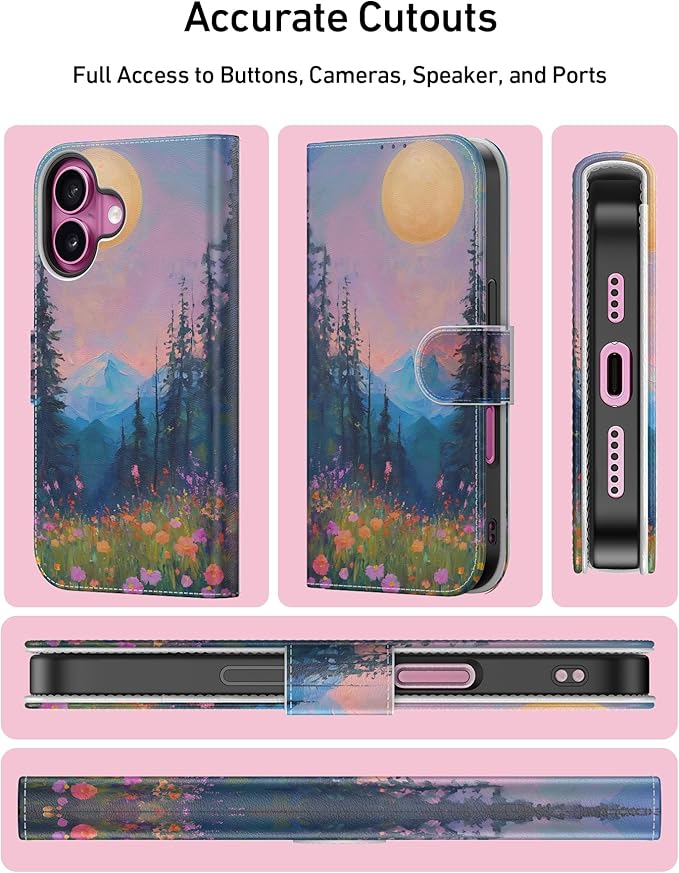 DEENAKIN for iPhone 16 Plus Wallet Case with Card Holder + Cash Clip, RFID-Blocking, Military-Grade Drop Protection, Magnetic Closure with Leather Kickstand - Mountain Blossom Glow