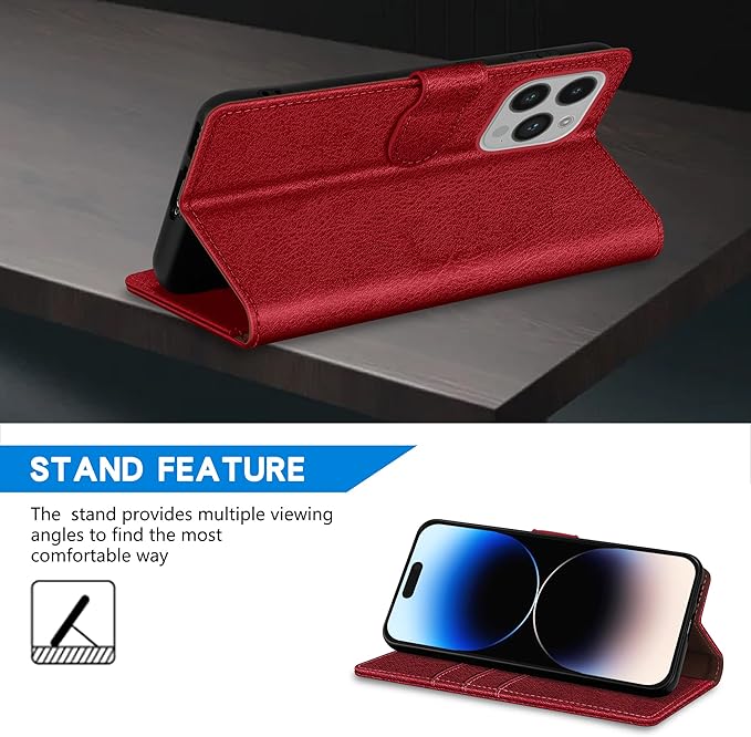 ZZXX for iPhone 14 Pro Wallet Case with [RFID Blocking] Card Slot Kickstand Magnetic Closure Leather Flip Fold Protective Phone Case for iPhone 14 Pro Case Wallet(Red-6.1 inch)