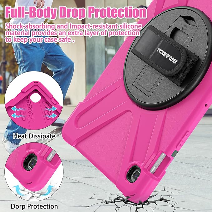 BRAECNstock for Samsung Galaxy Tab S5e Case 10.5 inch 2019 (SM-T720/T725/T727) Shockproof Protective Galaxy Tab S5e Kids Cover with Screen Protector Rotating Stand & Hand Strap Pen Holder - Rose Red