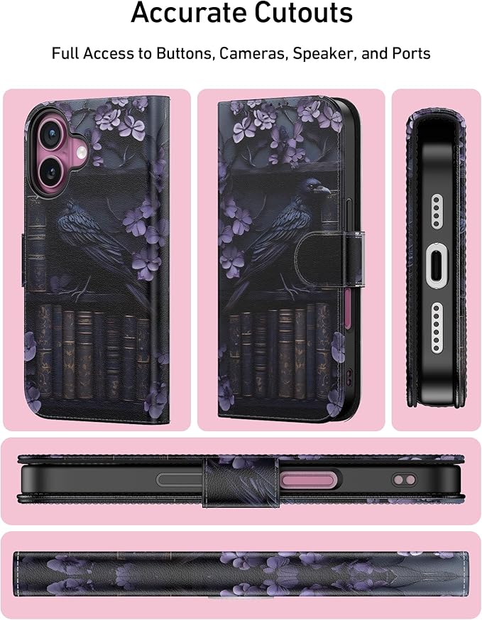 DEENAKIN for iPhone 16 Wallet Case with Card Holder + Cash Clip, RFID-Blocking, Military-Grade Drop Protection, Magnetic Closure with Leather Kickstand - Purple Floral & Raven