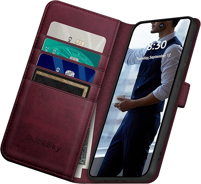 for Samsung Galaxy S23 5G Genuine Leather Wallet case 【RFID Blocking】【4 Credit Card Holder】【Real Leather】 Flip Folio Book Phone case Protective Cover Women Men for SamsungS23 case Wine Red