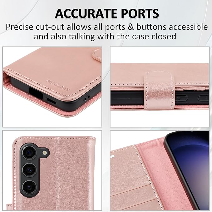 MONASAY Wallet Case Compatible for Galaxy S23+Plus 5G,[RFID Blocking] Flip Folio Leather Cell Phone Cover with Credit Card Holder，6.6 inch, Rosegold