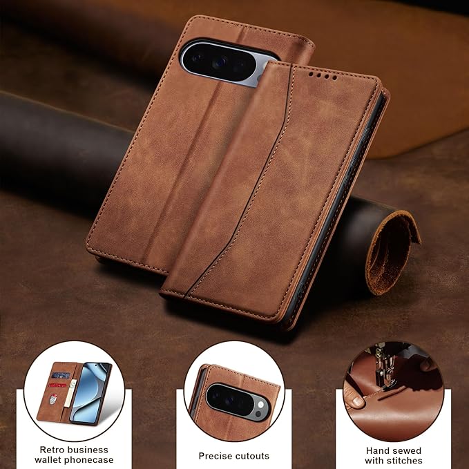 Jasonyu Flip Wallet Case for Google Pixel 10/10 Pro 5G,Leather Magnetic Folio Cover with Card Holder,Kickstand - TPU Shockproof Durable Protective Phone Case,Brown