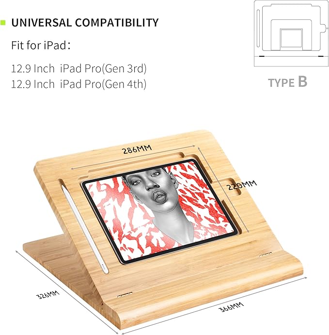 ELETIUO Tablet Desktop Stand Height Adjustable,Foldable Bamboo Drawing Ipad Holder,Multi-Angle Portable Stand Organizer,Compatible with 12.9 inch ipad pro 3rd/4th Gen