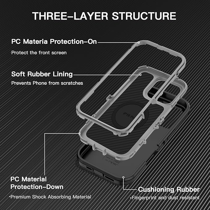 for iPhone 16 Pro Case [Compatible with MagSafe] Shockproof 3-Layer Full Body Protection [Without Screen Protector] Rugged Heavy Duty Cover Case for Apple iPhone 16 Pro 6.3",Black/Grey