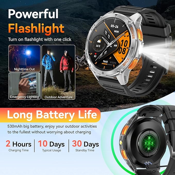 KPEP Military Smart Watches for Men with GPS, 1.43" AMOLED/2 Straps/LED Flashlight/IP68 Waterproof Smartwatch, Make/Answer Calls, 170+ Sport Modes, Compass, Fitness Tracker for iOS Android, Silver