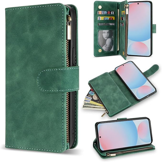 ZZXX for Samsung Galaxy S24 FE Wallet Case with RFID Blocking Card Slot PU Leather Zipper Flip Folio with Strap Kickstand Protective Cover for Samsung Galaxy S24 FE Case Wallet(Green-6.7 inch)