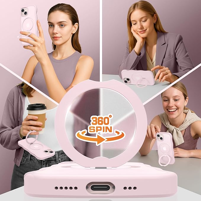 for iPhone 13 Case & iPhone 14 Case for Women,[Compatible with Magsafe][360° Spin Magnetic Stand][Cute Wave Edge][Military-Grade Protection]Translucent Matte Phone case for iPhone 13/14, Chalk Pink