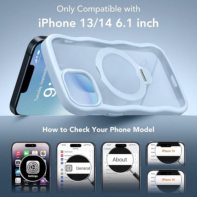 for iPhone 13 Case & iPhone 14 Case for Women,[Compatible with Magsafe][360° Spin Magnetic Stand][Cute Wave Edge][Military-Grade Protection]Translucent Matte Phone case for iPhone 13/14, Baby Blue