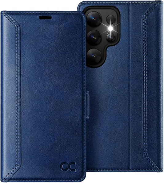 OCASE Compatible with Galaxy S25 Ultra Wallet Case, PU Leather Flip Folio Case with Card Holders RFID Blocking Kickstand [Shockproof TPU Inner Shell] Protective Phone Cover 2025, Retro Blue
