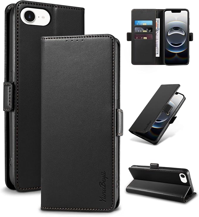 Wallet Flip Case for iPhone 16E 5G - [RFID Blocking] Luxury PU Leather Card Holder Magnetic Phone Cover with Kickstand,Shockproof Protective Case,Black