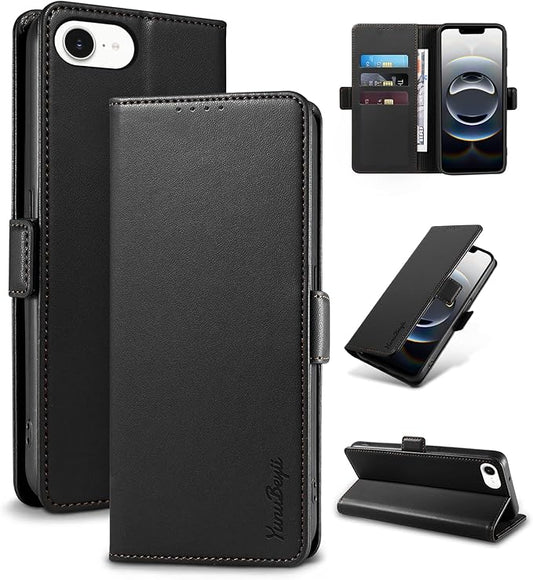 Wallet Flip Case for iPhone 16E 5G - [RFID Blocking] Luxury PU Leather Card Holder Magnetic Phone Cover with Kickstand,Shockproof Protective Case,Black