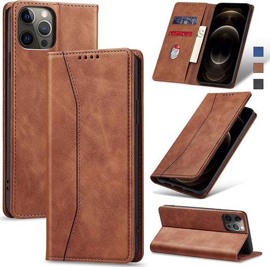 Jasonyu Flip Wallet Case for iPhone 12 Pro Max,Leather Magnetic Folio Cover with Card Holder,Kickstand - TPU Shockproof Durable Protective Phone Case,Brown