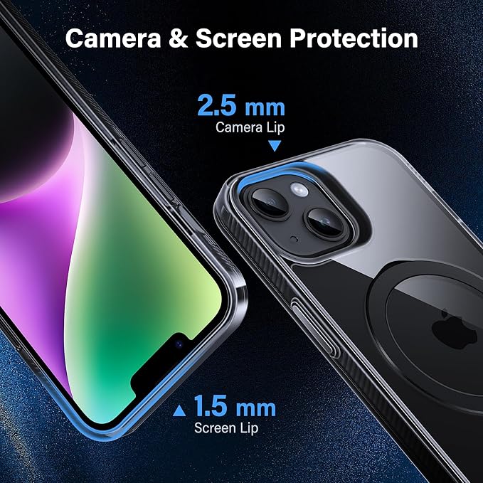 Magnetic Case for iPhone 13/14 - [Built-in Invisible Stand] [Compatible with MagSafe] [Military Grade Drop Protection] Anti-Yellowing Hard Back Silicone Edge Cover, 6.1", Clear Black