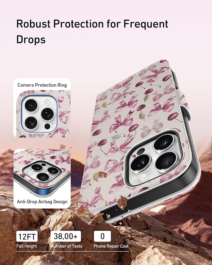 DEENAKIN for iPhone 16 Pro Wallet Case with Card Holder + Cash Clip, RFID-Blocking, Military-Grade Drop Protection, Magnetic Closure with Leather Kickstand - Cherry & Bowknot