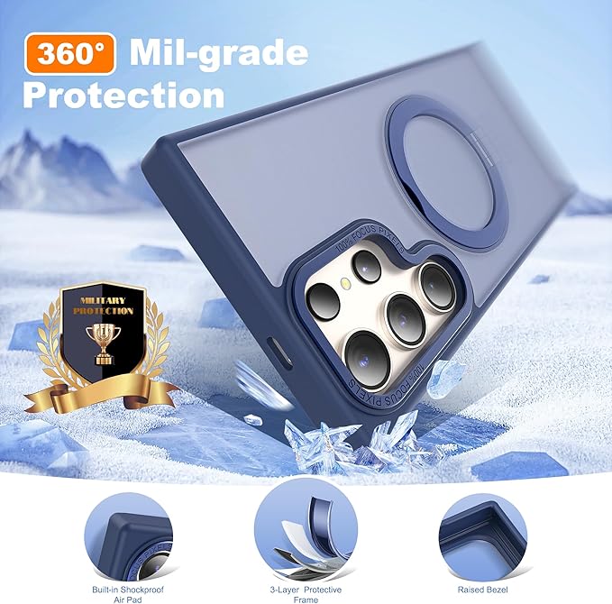 Compatible with Samsung Galaxy S22 & S23 Ultra Case with 360Rotatable Magnetic Ring Stand Compatible with Mag-Safe Military Protection Shockproof Translucent Phone Case,Blue