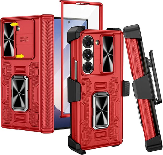 VEGO for Galaxy Z Fold 6 Case with Belt Clip Holster, 360°Ring Magnetic Kickstand & Camera Cover & Front Screen Protector & Hinge Protection Shockproof Cover for Z Fold 6 - Classic Red