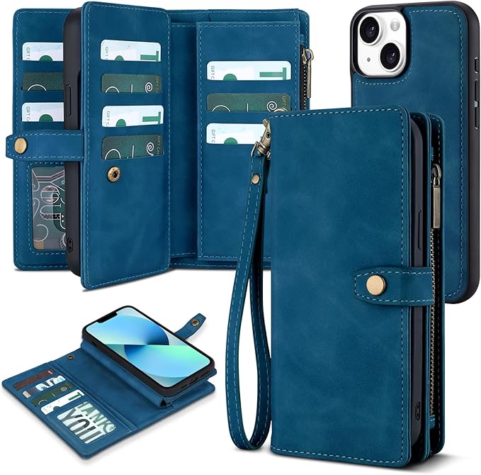 TwoHead Designed for iPhone 13 Wallet Case with Card Holder,Detachable Magnetic Phone Case with Wallet PU Leather Wallet Phone Case for iPhone 13 Case Wallet for Women/Men with Wrist Strap(Navy Blue)