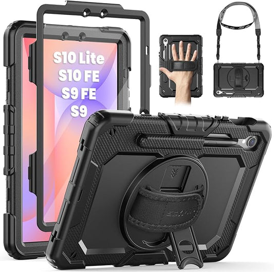 SEYMAC Case for Samsung Galaxy Tab S10 Lite/ S10 FE/ S9 FE/ S9 5G (10.9''/11''), Heavy Duty Shockproof Protective Case with Screen Protector, Rotating Stand, Hand Strap and Pen Holder, Black