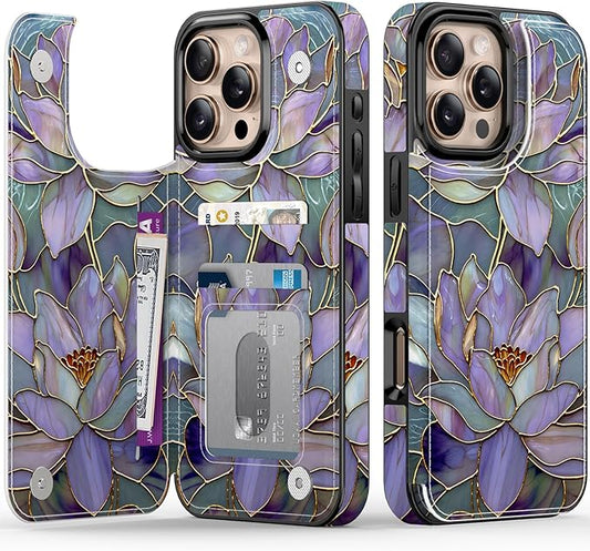 FUNMIKO for iPhone 16 Pro Wallet Case with Card Holder, RFID-Blocking, Military-Grade Protection & UV-Printed Artwork, Magnetic Closure with Leather Kickstand - Dreamy Lotus