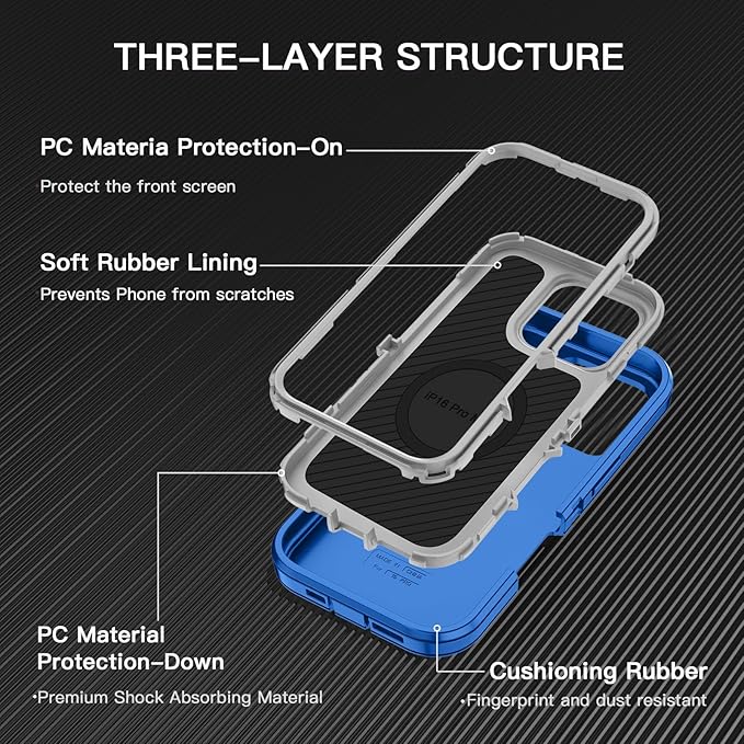 for iPhone 16 Pro Max Case [Compatible with MagSafe] Shockproof 3-Layer Full Body Protection [Without Screen Protector] Rugged Heavy Duty Cover Case for Apple iPhone 16 Pro Max 6.9",Blue/Grey