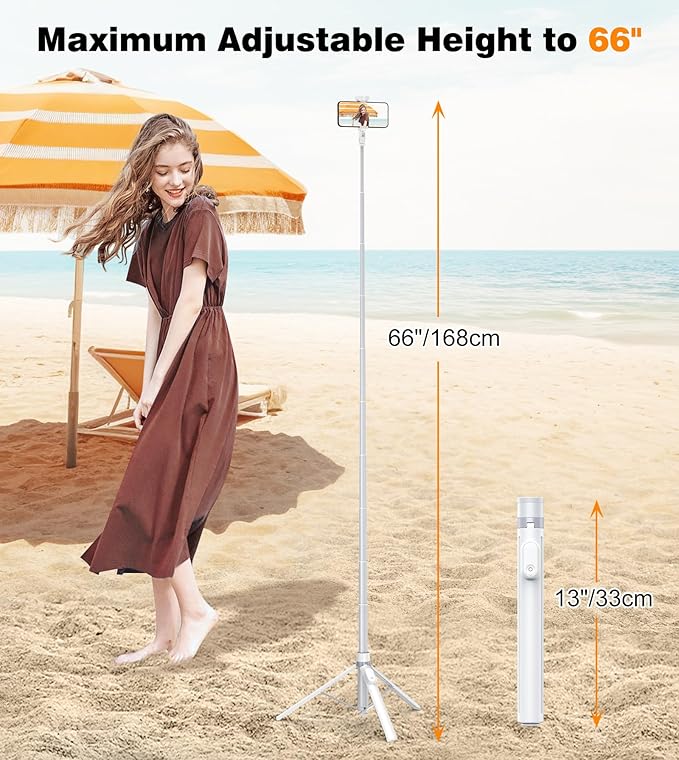 TONEOF 66" Automatic Phone Tripod with Magnetic Rechargable Remote,Selfie Stick 360° Vertical & Horizontal Rotatable,Stable for iPhone/Android(White)