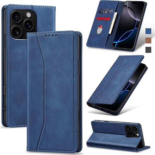 Jasonyu Flip Wallet Case for iPhone 16 Pro Max,Leather Magnetic Folio Cover with Card Holder,Kickstand - TPU Shockproof Durable Protective Phone Case,Blue