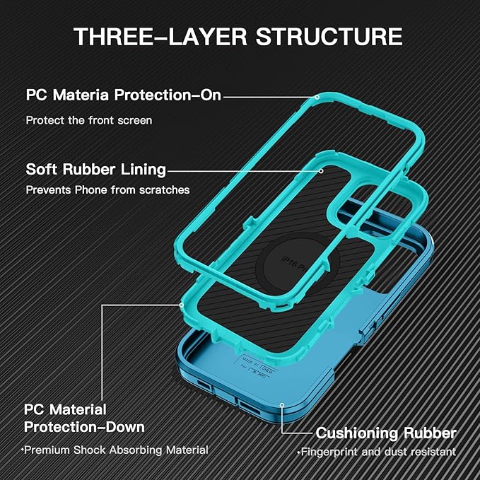 for iPhone 16 Pro Case [Compatible with MagSafe] Shockproof 3-Layer Full Body Protection [Without Screen Protector] Rugged Heavy Duty Cover Case for Apple iPhone 16 Pro 6.3",Turquoise