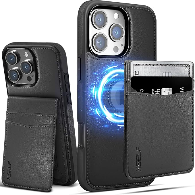 for iPhone 16 Pro Max Leather Wallet Case, Compatible with Magsafe, 2 in 1 Detachable Magnetic Card Holder, RFID Blocking Kickstand Credit Slots Flip Case for Men Women, Black