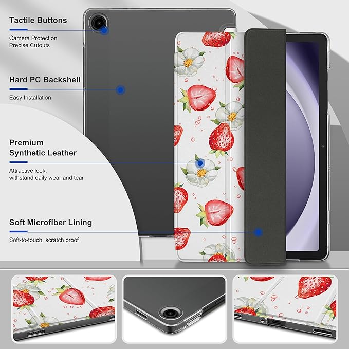 DONGKE Case for Samsung Galaxy Tab A9+/A9 Plus 11 inch 2024 2023 (SM-X210/X216/X218), Slim Stand Hard PC Translucent Back Shell Smart Cover, Auto Wake/Sleep - Strawberries