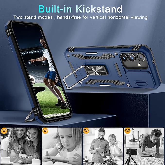 DEERLAMN Case for Samsung Galaxy S24 FE 6.7-Inch with Slide Camera Cover+Screen Protector(1 Pack), Rotated Ring Kickstand Military Grade Shockproof Protective Cover-Navy Blue