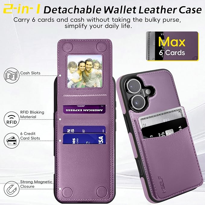 for iPhone 16 Leather Wallet Case, Compatible with Magsafe, 2 in 1 Detachable Magnetic Card Holder, RFID Blocking Kickstand Credit Slots Flip Case for Men Women, Purple
