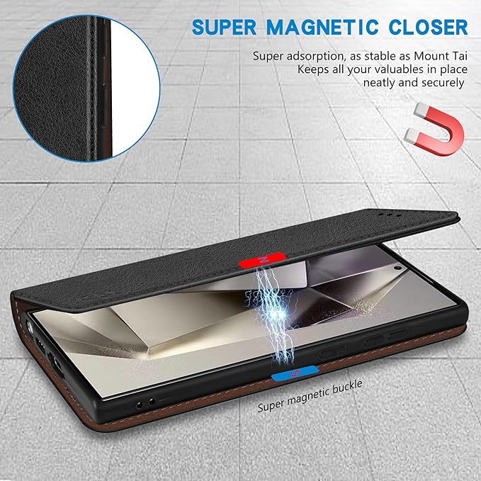 ZZXX for Samsung Galaxy S25 Ultra Wallet Case with [RFID Blocking] Card Slot Stand Strong Magnetic Leather Flip Fold Protective Phone Case for Samsung Galaxy S25 Ultra Case Wallet(Black-6.8 inch)